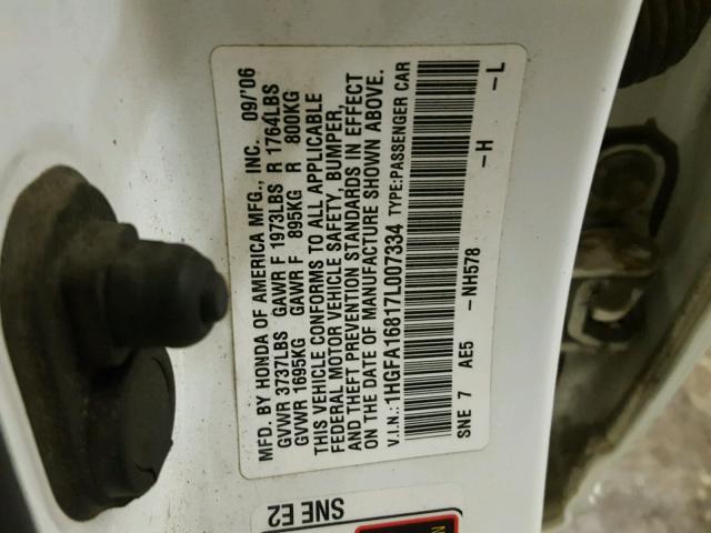 1HGFA16817L007334 - 2007 HONDA CIVIC EX თეთრი ფოტო 10