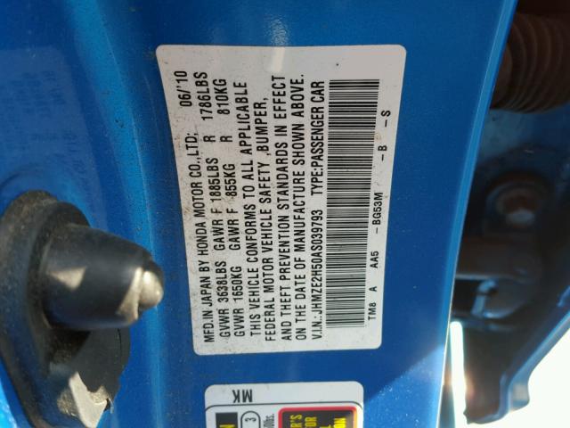 JHMZE2H50AS039793 - 2010 HONDA INSIGHT LX BLUE photo 10