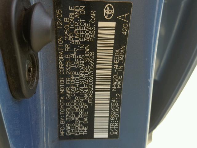 JTDKB20UX67066928 - 2006 TOYOTA PRIUS BLUE photo 10