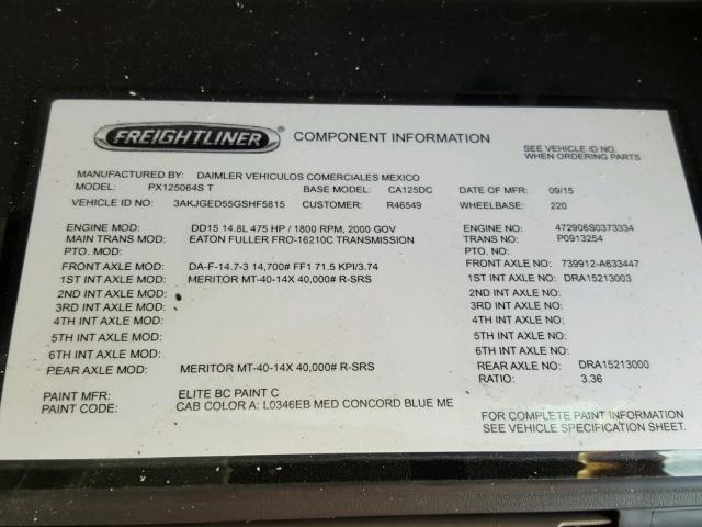 3AKJGED55GSHF5815 - 2016 FREIGHTLINER CASCADIA 1 BLUE photo 10