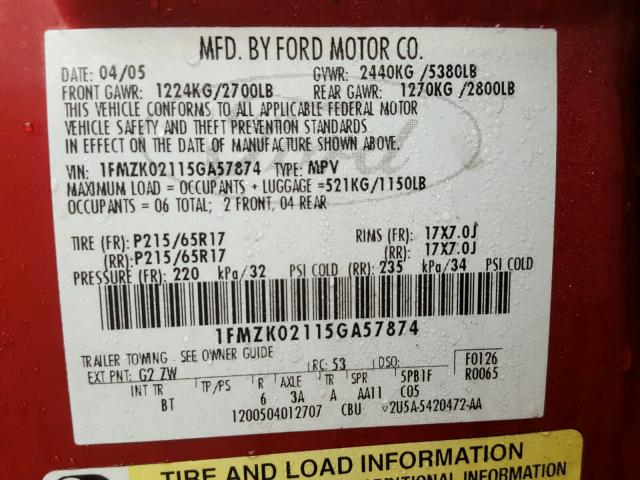 1FMZK02115GA57874 - 2005 FORD FREESTYLE RED photo 10