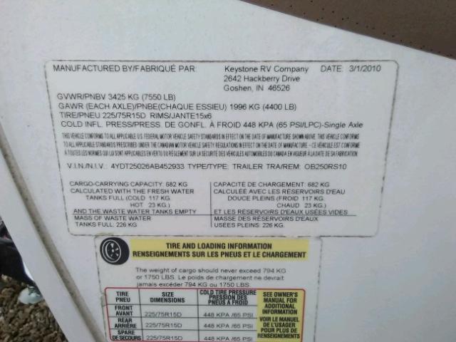 4YDT25026AB452933 - 2010 KEYSTONE OUTBACK WHITE photo 10