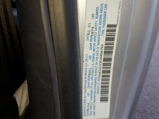 3VWCK21C81M458750 - 2001 VOLKSWAGEN NEW BEETLE 银色 照片 10