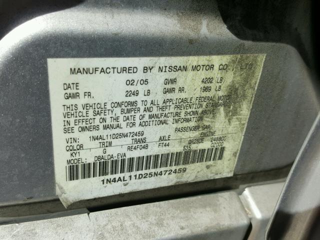 1N4AL11D25N472459 - 2005 NISSAN ALTIMA S SILVER photo 10