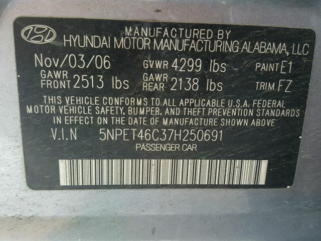 5NPET46C37H250691 - 2007 HYUNDAI SONATA GLS SILVER photo 10