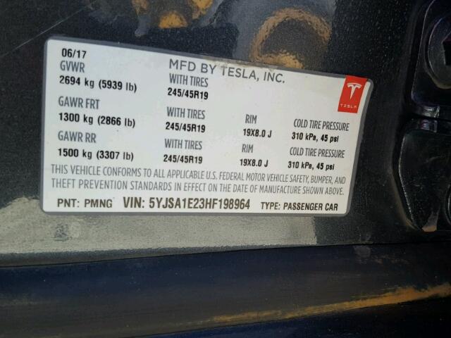 5YJSA1E23HF198964 - 2017 TESLA MODEL S GRAY photo 10