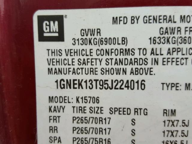 1GNEK13T95J224016 - 2005 CHEVROLET TAHOE K150 RED photo 10