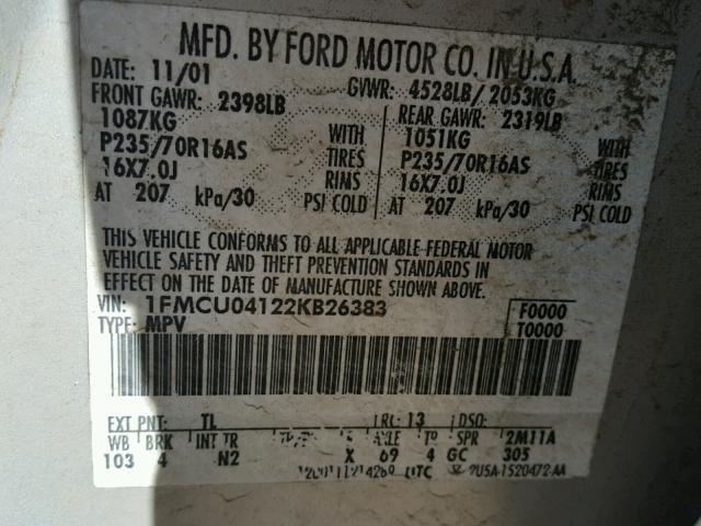 1FMCU04122KB26383 - 2002 FORD ESCAPE XLT SILVER photo 10