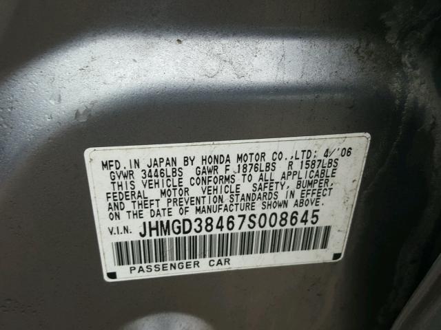 JHMGD38467S008645 - 2007 HONDA FIT Srebrny zdjęcie 10