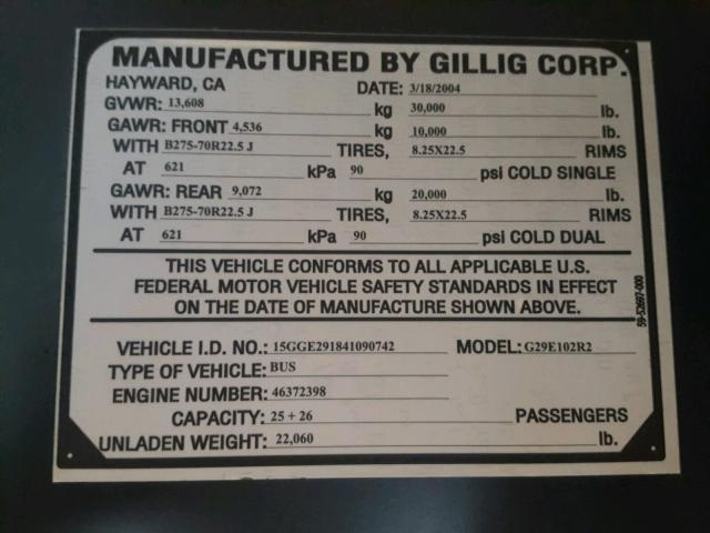 15GGE291841090742 - 2004 GILLIG TRANSIT BU WHITE photo 10