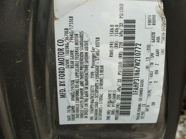 1FAHP31N67W210772 - 2007 FORD FOCUS ZX3 GRAY photo 10