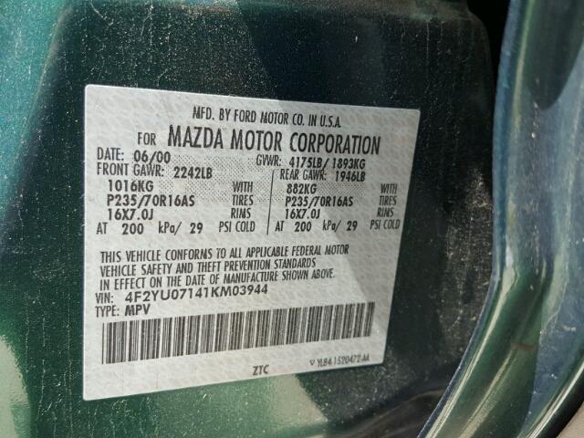 4F2YU07141KM03944 - 2001 MAZDA TRIBUTE DX 绿色 照片 10
