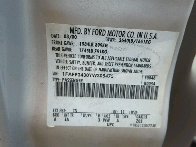 1FAFP33P51W335971 - 2001 FORD FOCUS LX SILVER photo 10