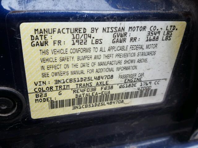 3N1CB51D25L484708 - 2005 NISSAN SENTRA 1.8 BLUE photo 10