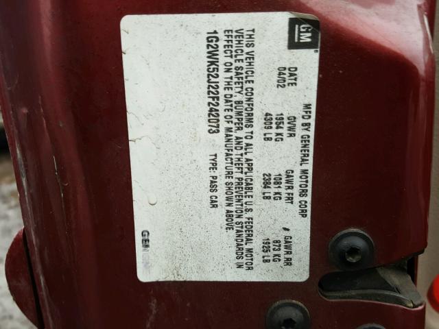 1G2WK52J22F242073 - 2002 PONTIAC GRAND PRIX MAROON photo 10