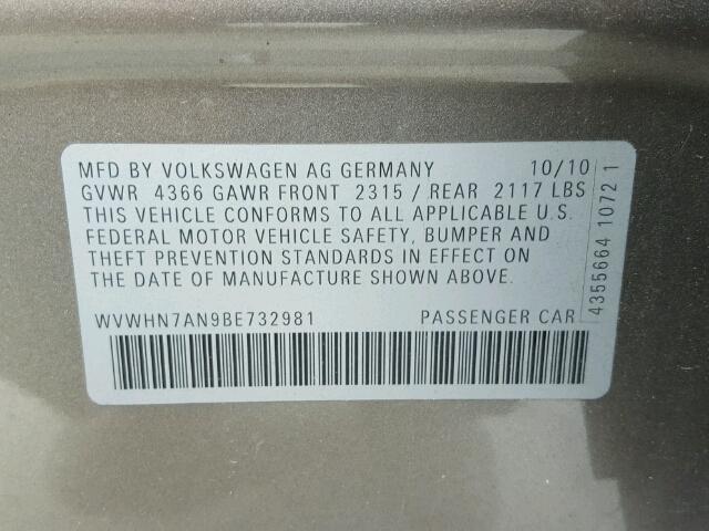 WVWHN7AN9BE732981 - 2011 VOLKSWAGEN CC GRAY photo 10