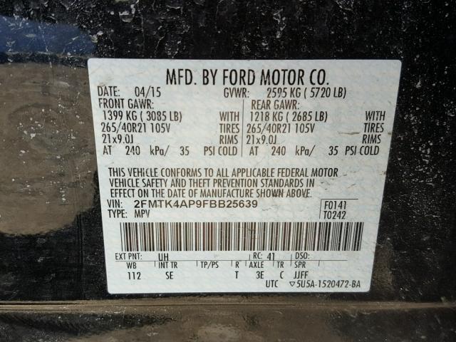 2FMTK4AP9FBB25639 - 2015 FORD EDGE SPORT BLACK photo 10