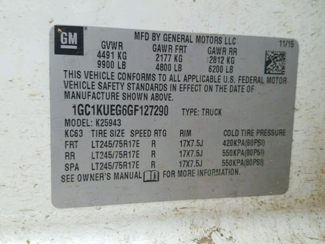 1GC1KUEG6GF127290 - 2016 CHEVROLET SILVERADO WHITE photo 10