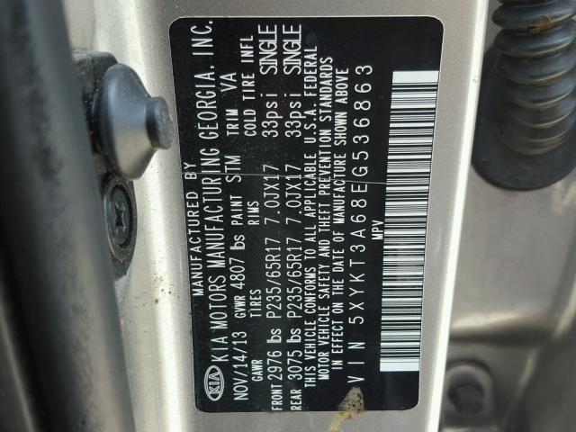 5XYKT3A68EG536863 - 2014 KIA SORENTO LX SILVER photo 10