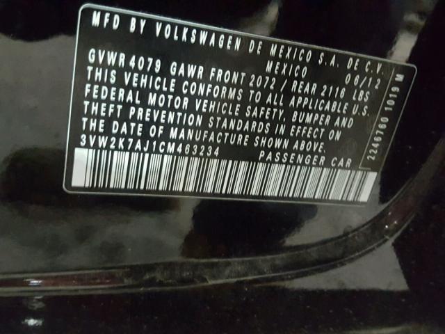 3VW2K7AJ1CM463234 - 2012 VOLKSWAGEN JETTA BASE BLACK photo 10