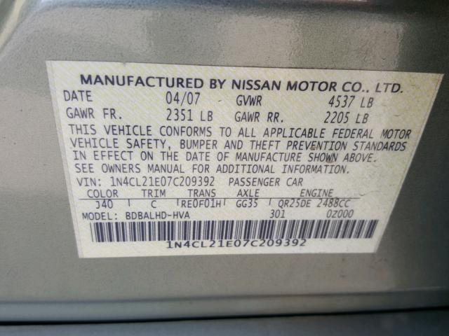 1N4CL21E07C209392 - 2007 NISSAN ALTIMA HYB GREEN photo 10