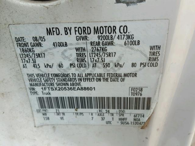 1FTSX20536EA88601 - 2006 FORD F250 SUPER SILVER photo 10