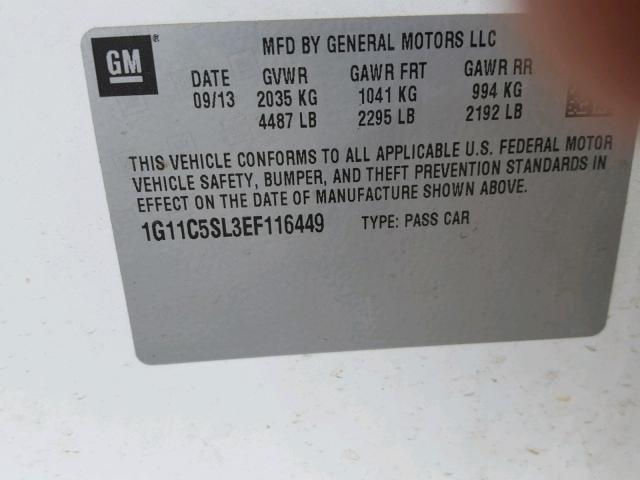 1G11C5SL3EF116449 - 2014 CHEVROLET MALIBU 1LT WHITE photo 10