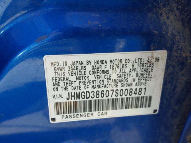 JHMGD38607S008481 - 2007 HONDA FIT S BLUE photo 10