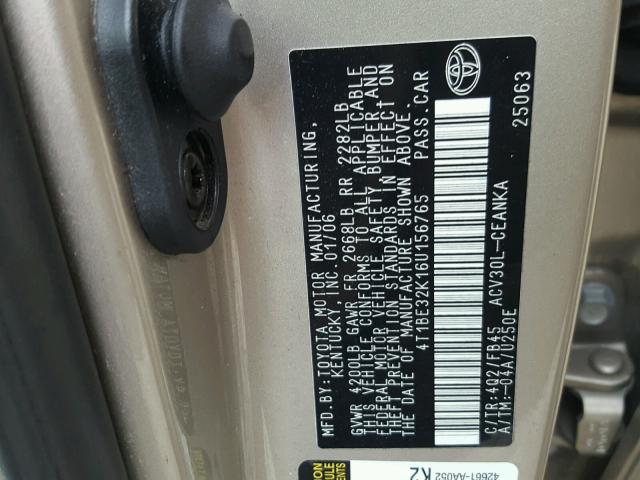 4T1BE32K16U156765 - 2006 TOYOTA CAMRY LE GOLD photo 10