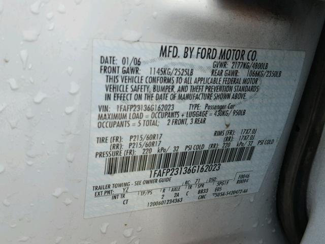 1FAFP23136G162023 - 2006 FORD FIVE HUNDR WHITE photo 10