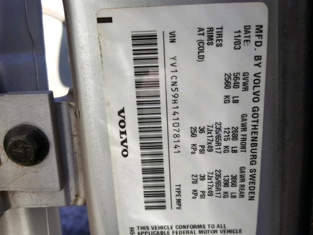 YV1CN59H141078141 - 2004 VOLVO XC90 SILVER photo 10