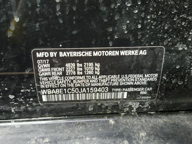WBA8E1C50JA159403 - 2018 BMW 330E أسود صورة 10