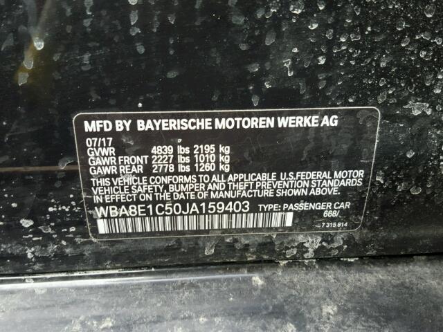 WBA8E1C50JA159403 - 2018 BMW 330E BLACK photo 10