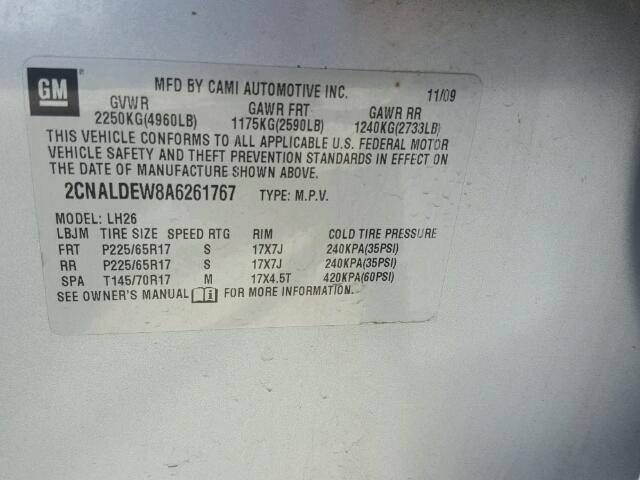 2CNALDEW8A6261767 - 2010 CHEVROLET EQUINOX LT SILVER photo 10