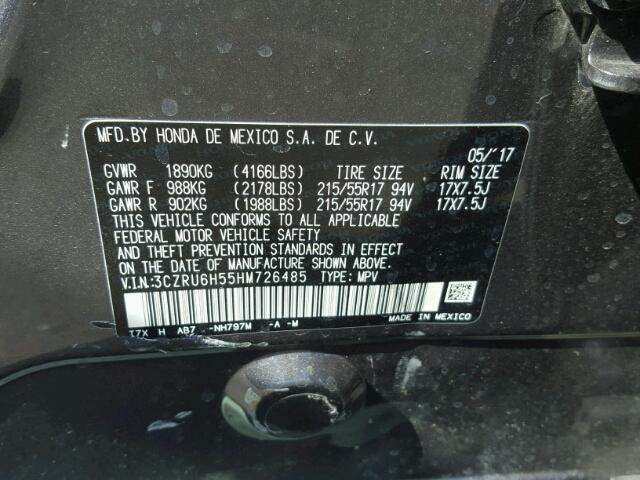 3CZRU6H55HM726485 - 2017 HONDA HR-V EX GRAY photo 10