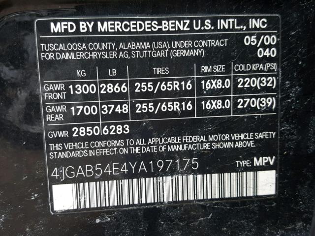 4JGAB54E4YA197175 - 2000 MERCEDES-BENZ ML 320 BLACK photo 10