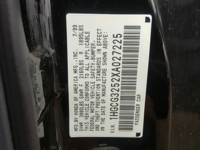 1HGCG3252XA027225 - 1999 HONDA ACCORD EX BLACK photo 10