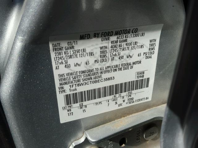 1FT8W3CT0BEC35853 - 2011 FORD F350 SUPER SILVER photo 10