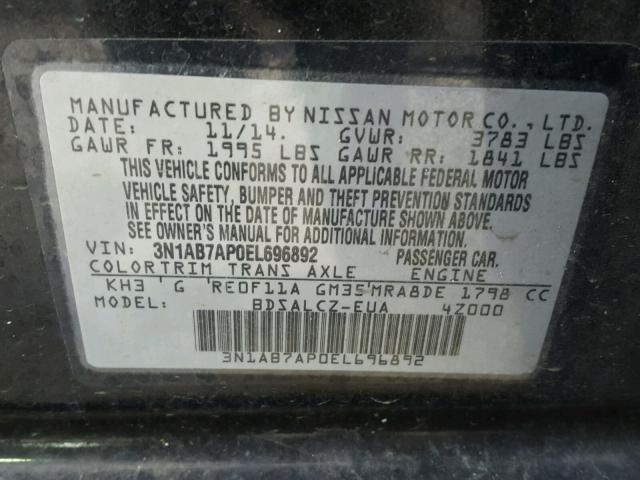 3N1AB7AP0EL696892 - 2014 NISSAN SENTRA S BLACK photo 10