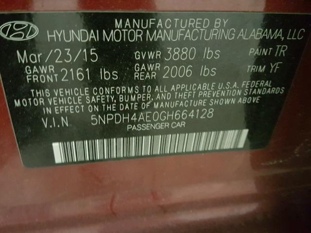 5NPDH4AE0GH664128 - 2016 HYUNDAI ELANTRA SE RED photo 10