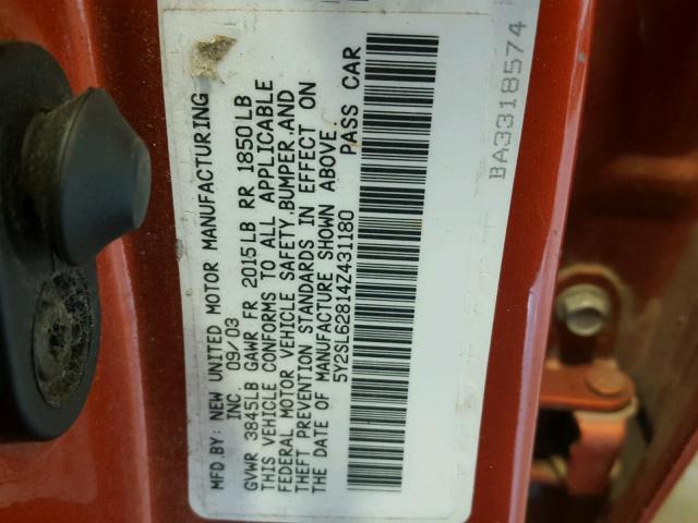 5Y2SL62814Z431180 - 2004 PONTIAC VIBE ORANGE photo 10