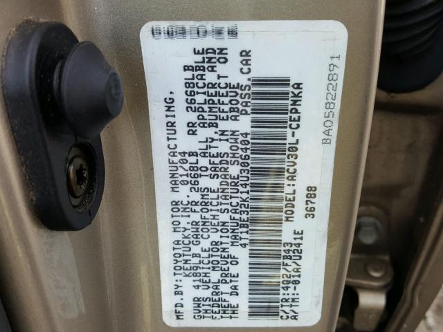 4T1BE32K14U306404 - 2004 TOYOTA CAMRY LE GOLD photo 10