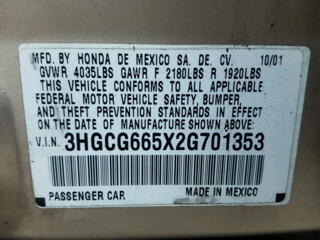 3HGCG665X2G701353 - 2002 HONDA ACCORD LX GOLD photo 10