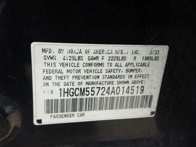 1HGCM55724A014519 - 2004 HONDA ACCORD EX BLACK photo 10