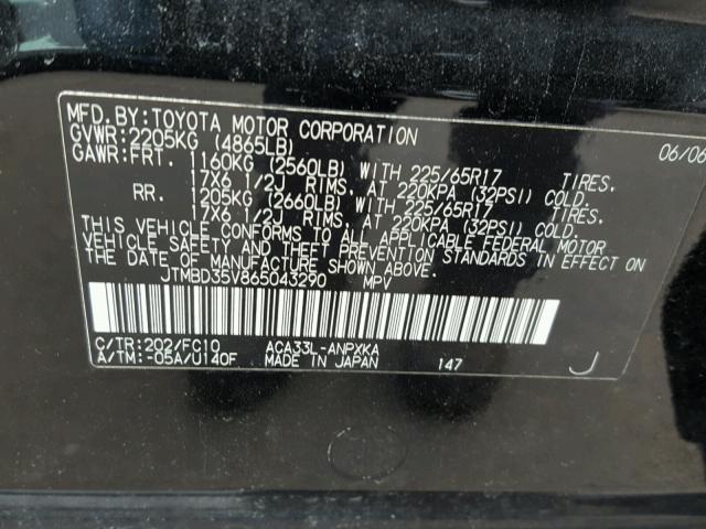 JTMBD35V865043290 - 2006 TOYOTA RAV4 BLACK photo 10