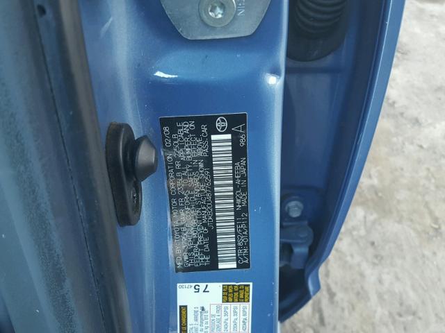 JTDKB20U487762591 - 2008 TOYOTA PRIUS BLUE photo 10