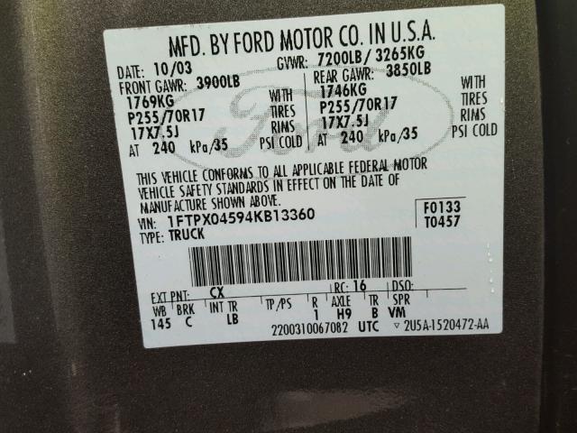 1FTPX04594KB13360 - 2004 FORD F150 GRAY photo 10