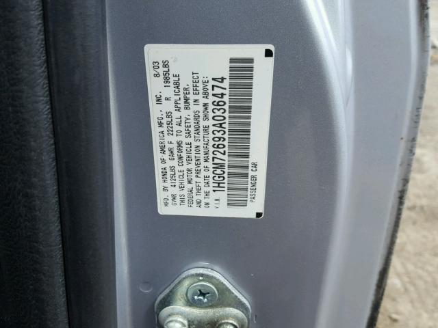 1HGCM72693A036474 - 2003 HONDA ACCORD EX SILVER photo 10