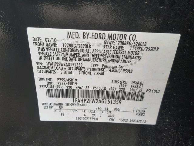 1FAHP2FW2AG151359 - 2010 FORD TAURUS LIM BLACK photo 10