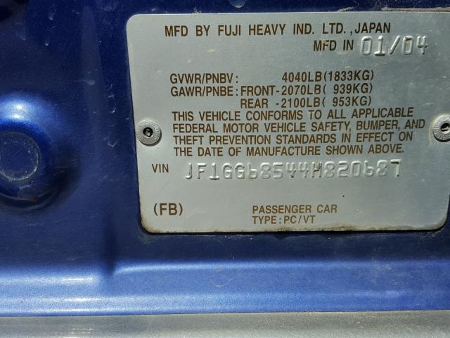 JF1GG68544H820687 - 2004 SUBARU IMPREZA OU BLUE photo 10